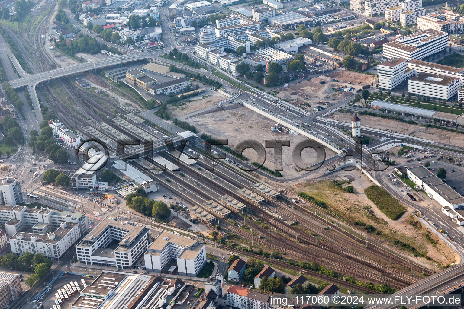 Track progress and building of the main station of the railway in Heidelberg in the state Baden-Wurttemberg, Germany