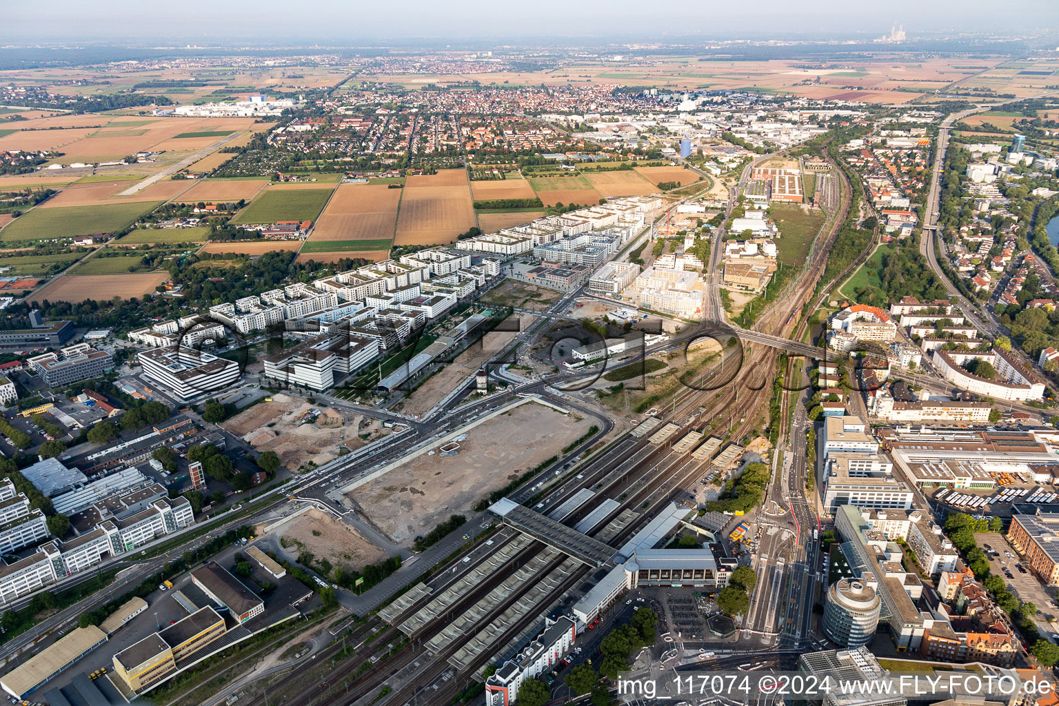 Aerial view of District of Bahnstadt south of the central train station in Heidelberg in the state Baden-Wurttemberg, Germany