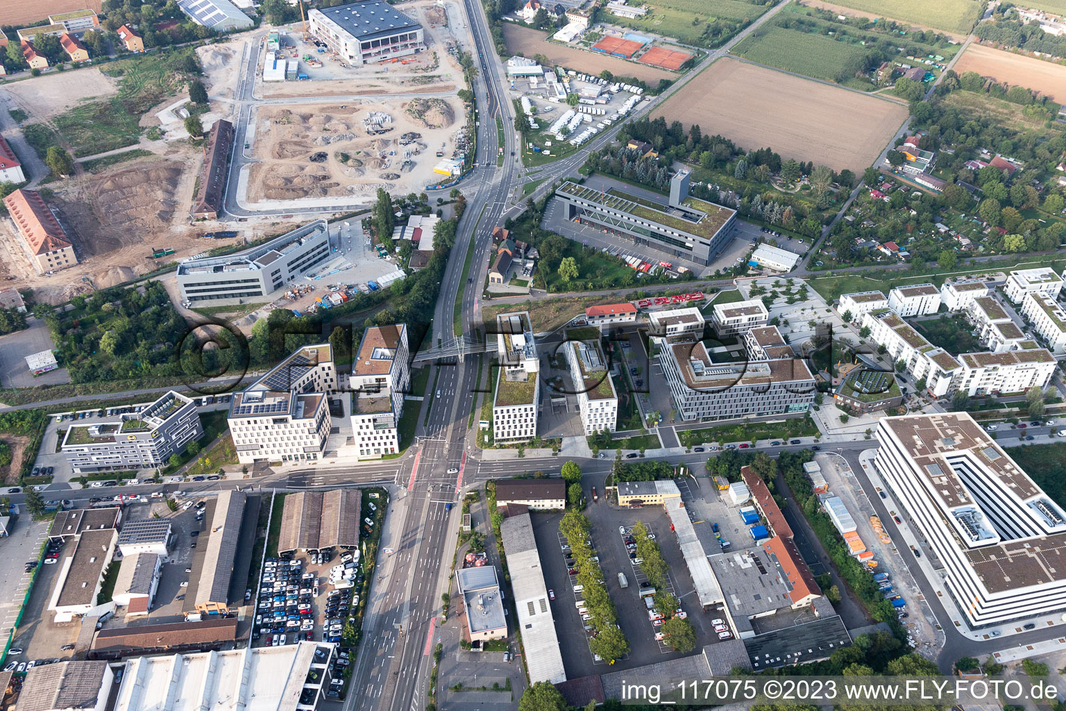 Aerial view of Speyer Street in the district Bahnstadt in Heidelberg in the state Baden-Wuerttemberg, Germany