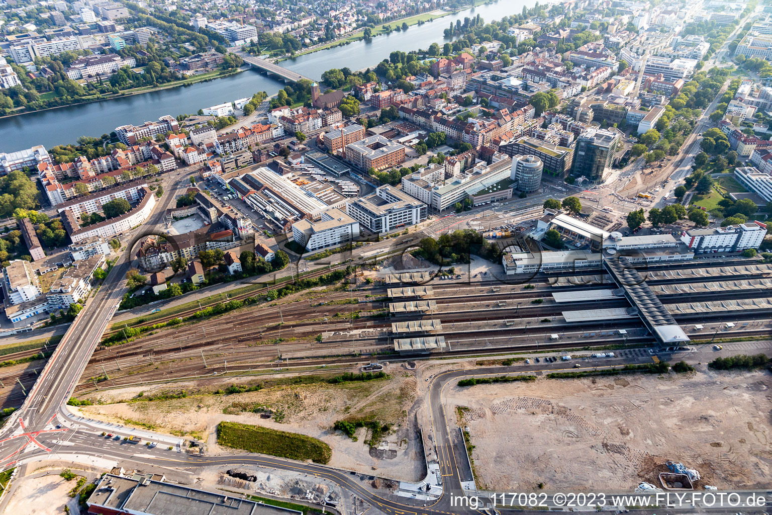 Aerial view of District Bergheim between Neckar river and central station in Heidelberg in the state Baden-Wurttemberg, Germany