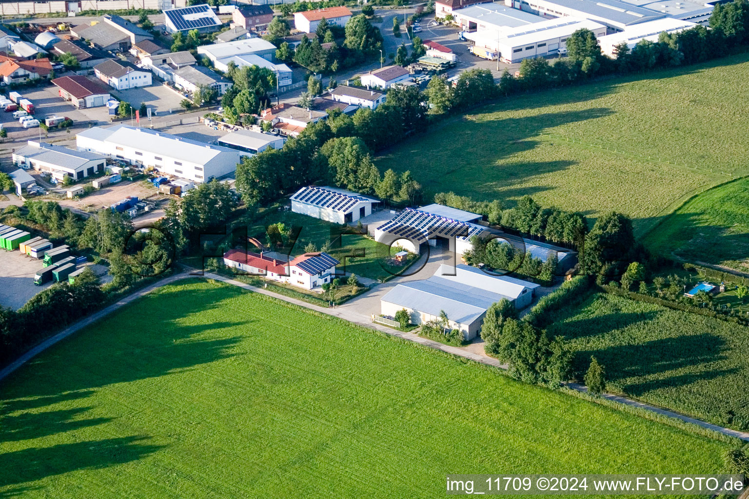 In the Rötzwiesen, Hof Fam. Kerth in the district Minderslachen in Kandel in the state Rhineland-Palatinate, Germany seen from above