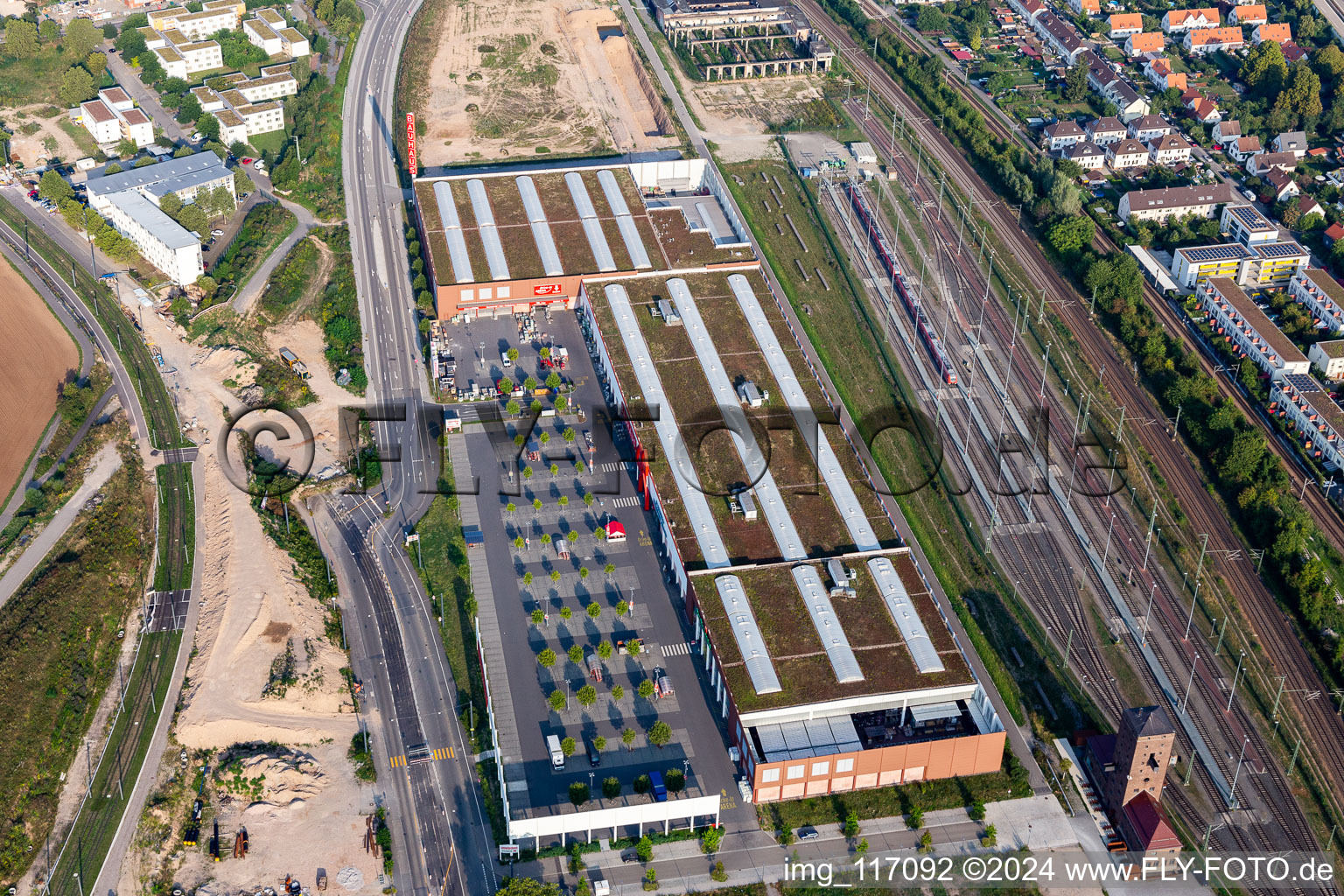 Aerial view of Building of the construction market of BAUHAUS Heidelberg in Heidelberg in the state Baden-Wurttemberg, Germany