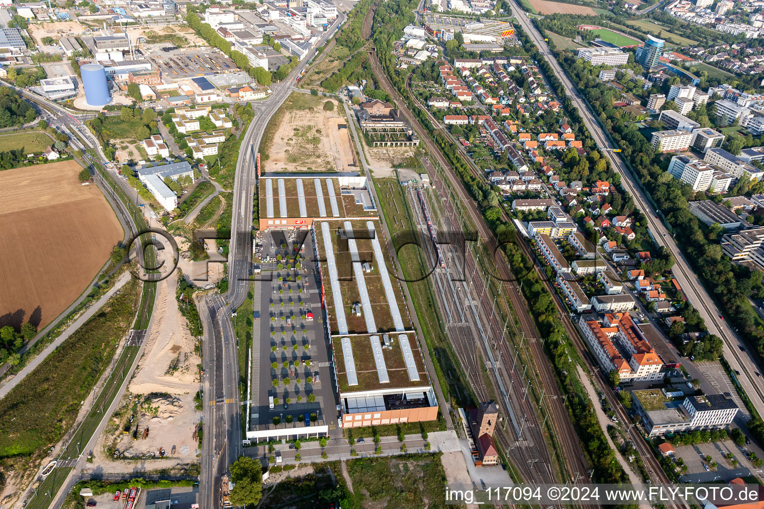 Aerial photograpy of Bauhaus Heidelberg in the district Bahnstadt in Heidelberg in the state Baden-Wuerttemberg, Germany