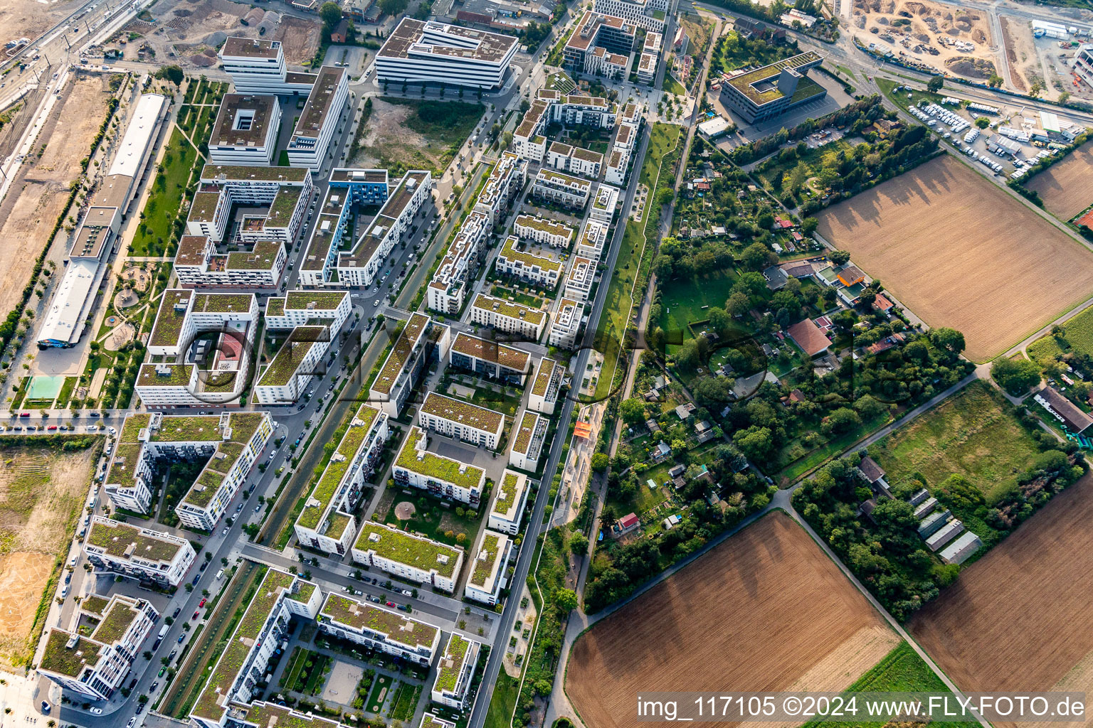 Residential area of the multi-family house settlement on Marie-Baum-Strasse - Gruene Meile - Eppelheimer Strasse in the district Bahnstadt in Heidelberg in the state Baden-Wurttemberg, Germany