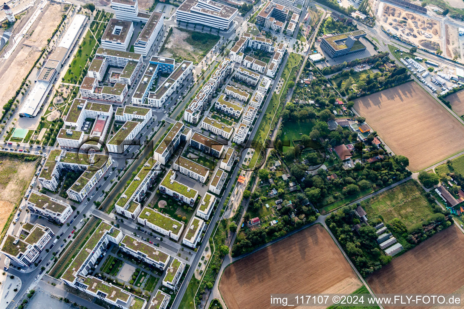 Aerial view of Residential area of the multi-family house settlement on Marie-Baum-Strasse - Gruene Meile - Eppelheimer Strasse in the district Bahnstadt in Heidelberg in the state Baden-Wurttemberg, Germany