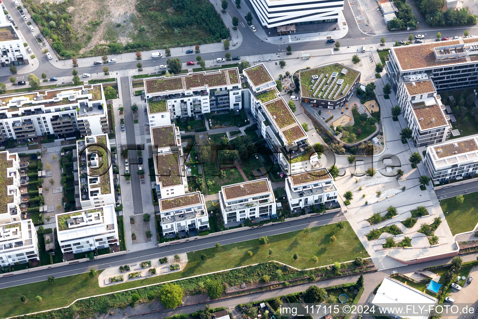 Oblique view of Residential area of the multi-family house settlement on Marie-Baum-Strasse - Gruene Meile - Eppelheimer Strasse in the district Bahnstadt in Heidelberg in the state Baden-Wurttemberg, Germany