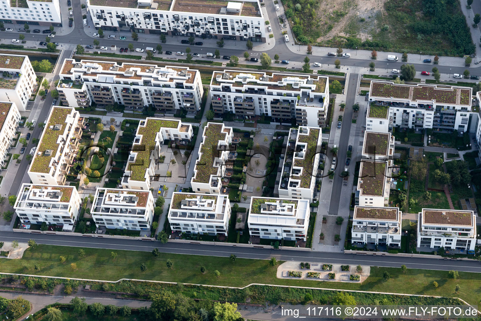 Residential area of the multi-family house settlement on Marie-Baum-Strasse - Gruene Meile - Eppelheimer Strasse in the district Bahnstadt in Heidelberg in the state Baden-Wurttemberg, Germany from above