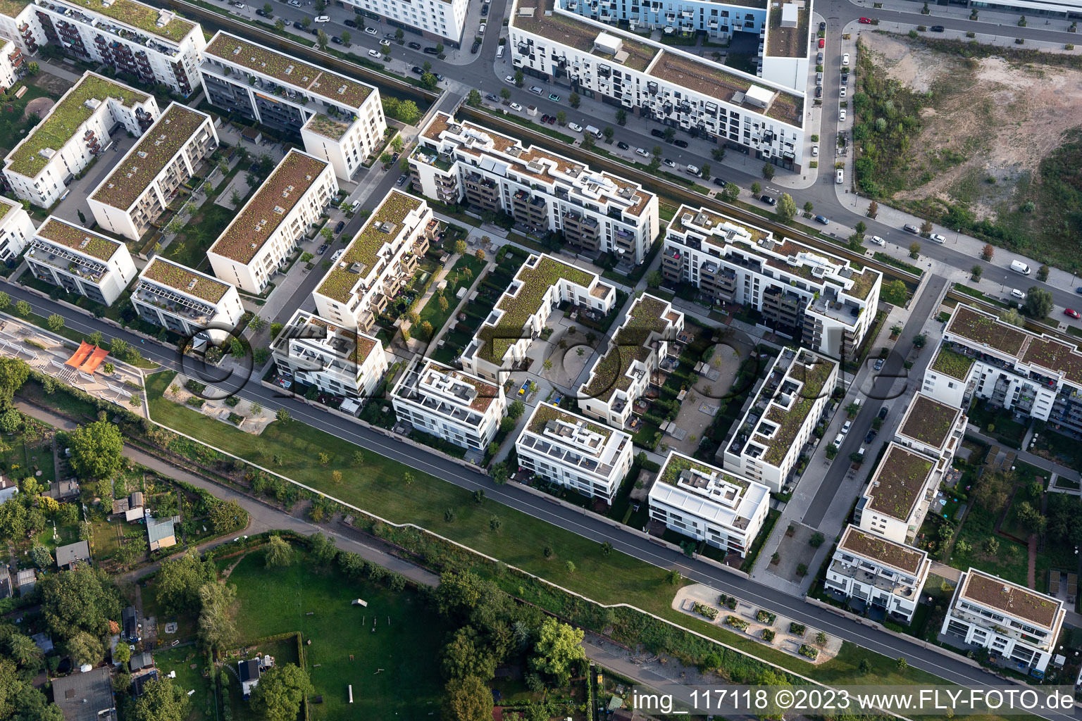 District Bahnstadt in Heidelberg in the state Baden-Wuerttemberg, Germany from the drone perspective