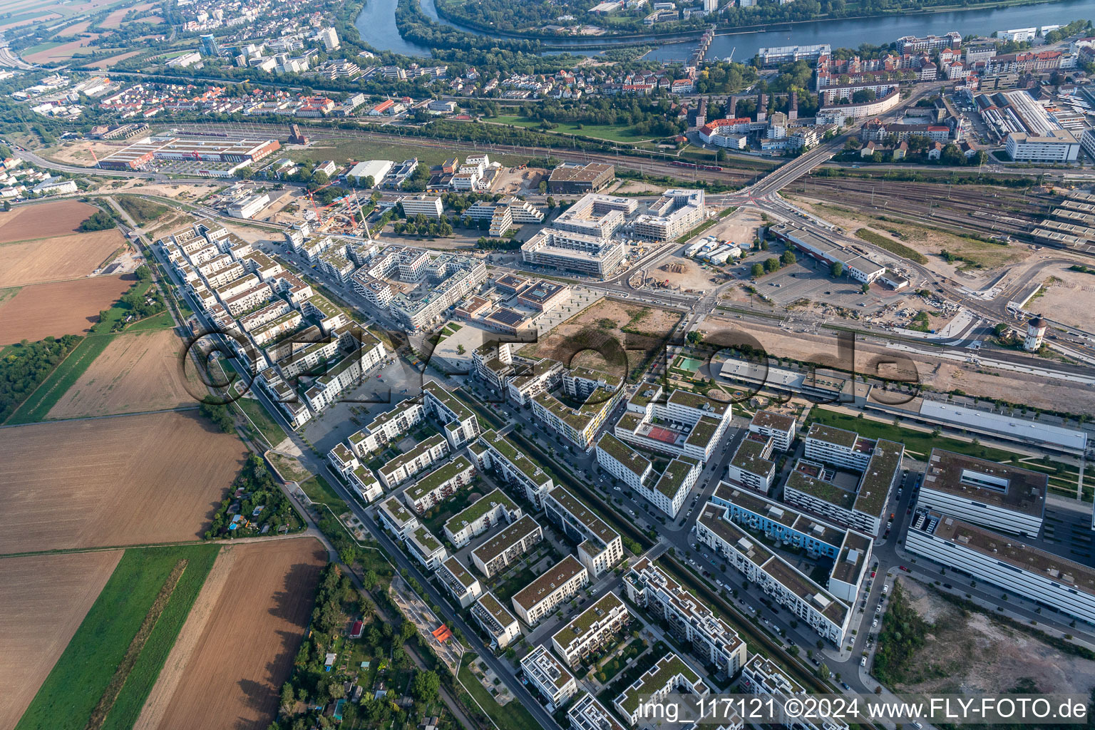 Residential area of the multi-family house settlement on Marie-Baum-Strasse - Gruene Meile - Eppelheimer Strasse in the district Bahnstadt in Heidelberg in the state Baden-Wurttemberg, Germany out of the air