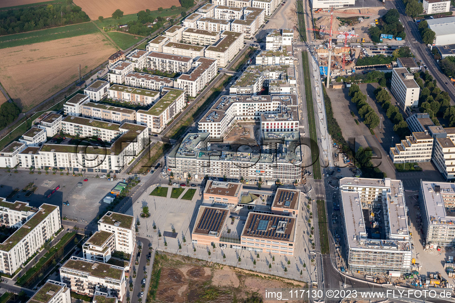 District Bahnstadt in Heidelberg in the state Baden-Wuerttemberg, Germany seen from a drone