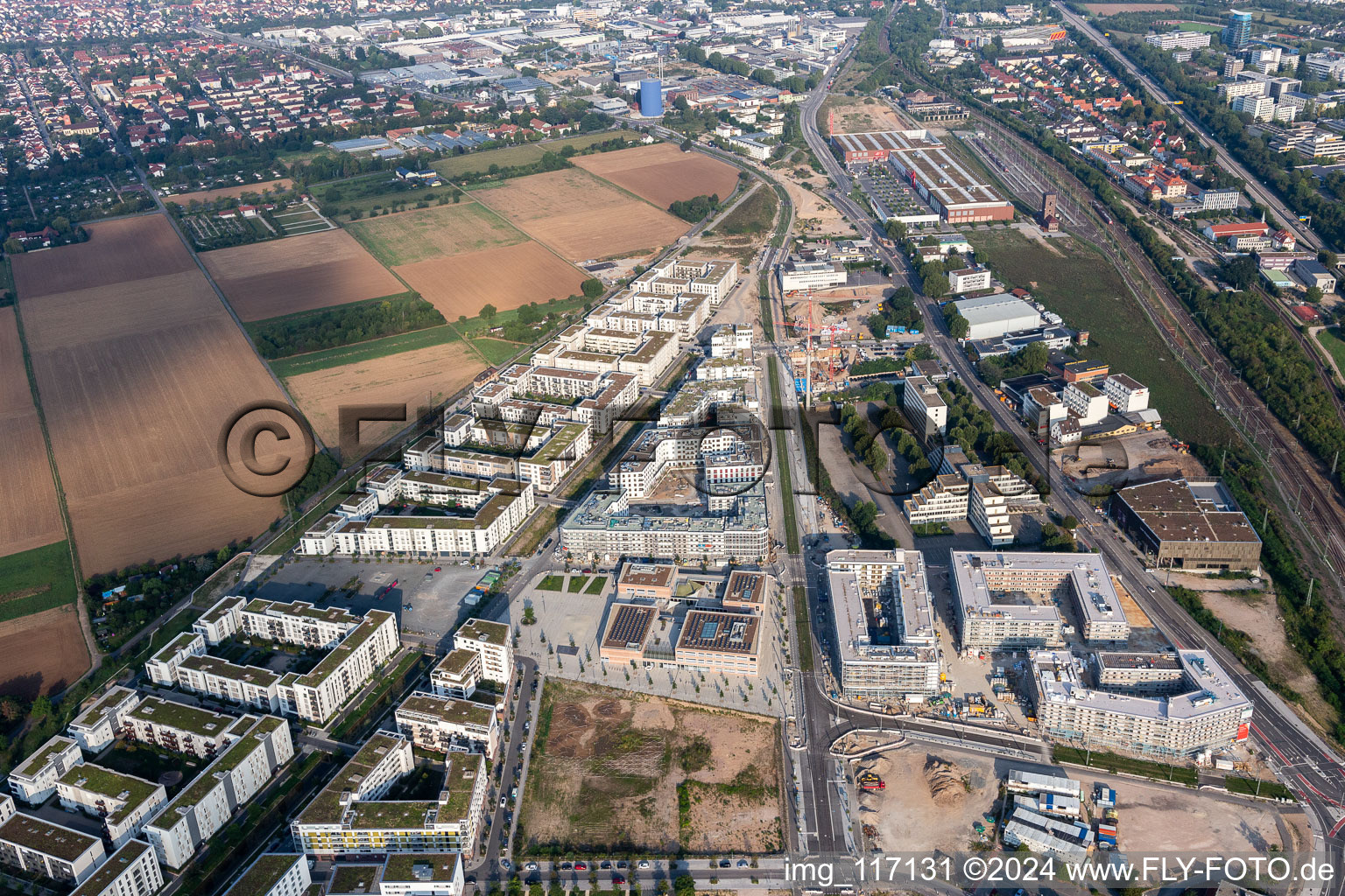 Residential area of the multi-family house settlement on Marie-Baum-Strasse - Gruene Meile - Eppelheimer Strasse in the district Bahnstadt in Heidelberg in the state Baden-Wurttemberg, Germany seen from above