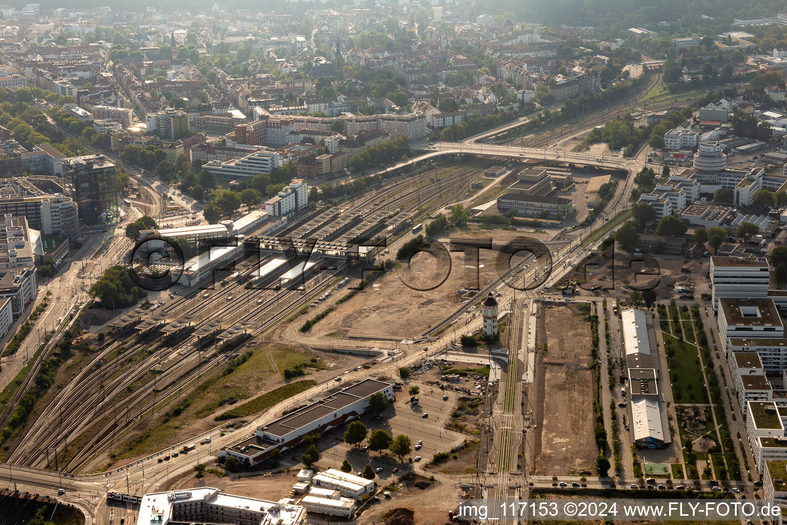 Aerial view of Track progress and building of the main station of the railway in Heidelberg in the state Baden-Wurttemberg, Germany