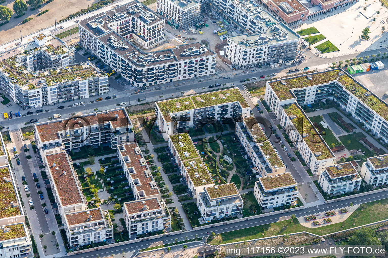 Oblique view of District Bahnstadt in Heidelberg in the state Baden-Wuerttemberg, Germany