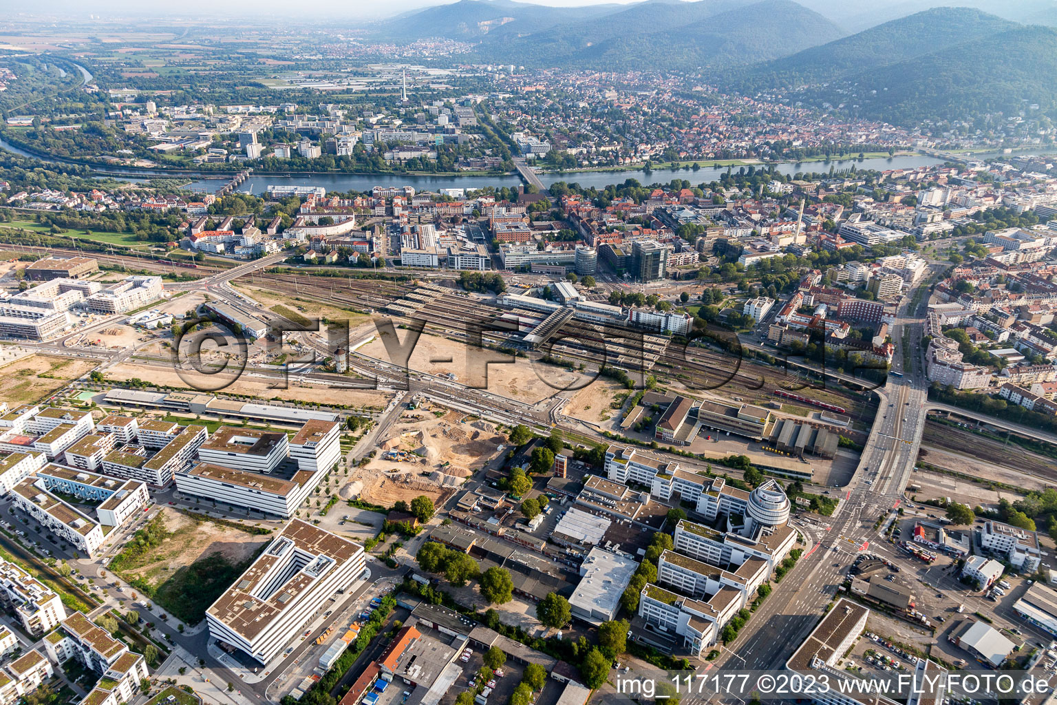 Aerial photograpy of Central Station in the district Weststadt in Heidelberg in the state Baden-Wuerttemberg, Germany