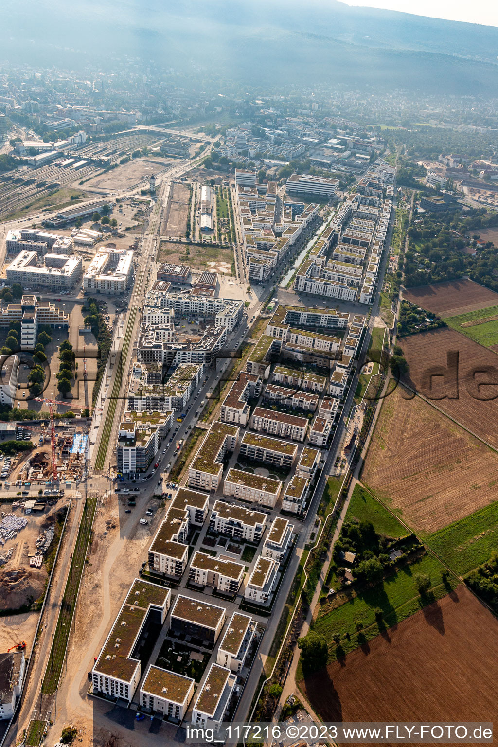 Bird's eye view of District Bahnstadt in Heidelberg in the state Baden-Wuerttemberg, Germany