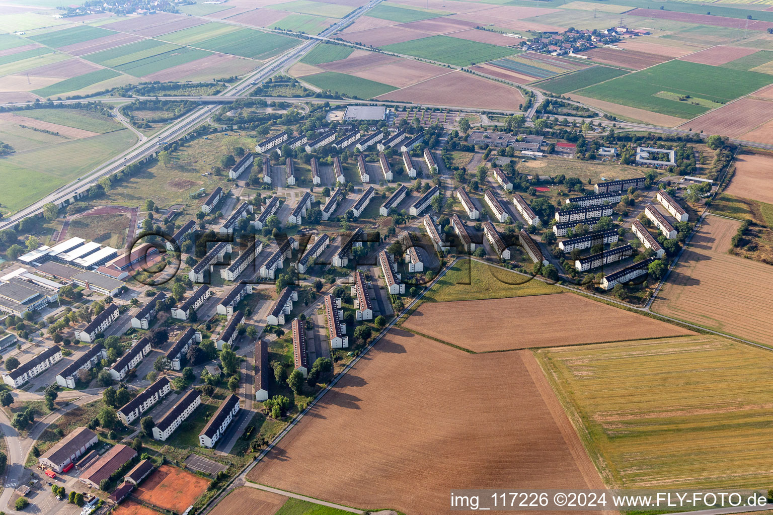 Refugee - buildings Erstaufnahmeeinrichtung of Lanof Baden-Wuerttemberg in the district Patrick-Henry-Village in Heidelberg in the state Baden-Wurttemberg, Germany from the plane