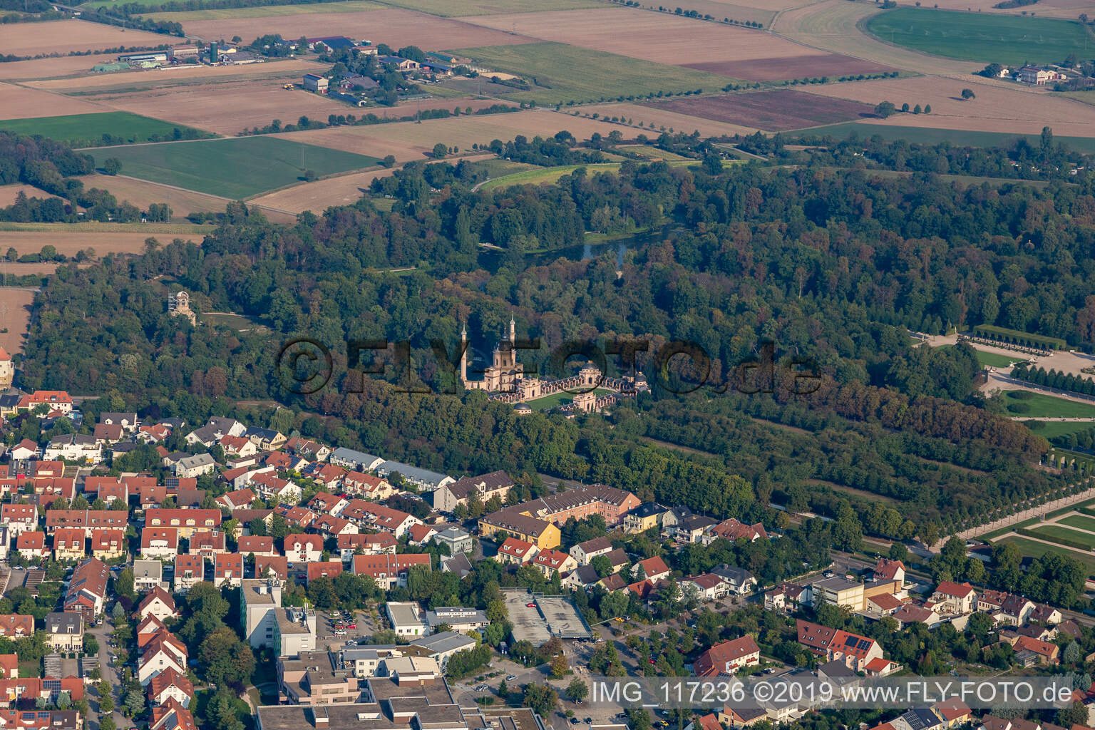 Aerial view of Mosque in Schwetzingen Castle Park in Schwetzingen in the state Baden-Wuerttemberg, Germany