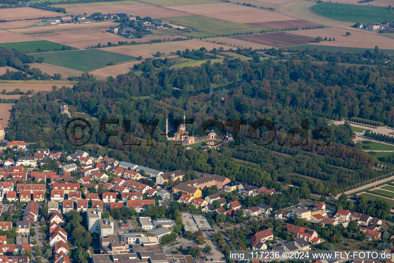 Aerial view of Mosque in the Schwetzingen Palace Park in Schwetzingen in the state Baden-Wuerttemberg, Germany