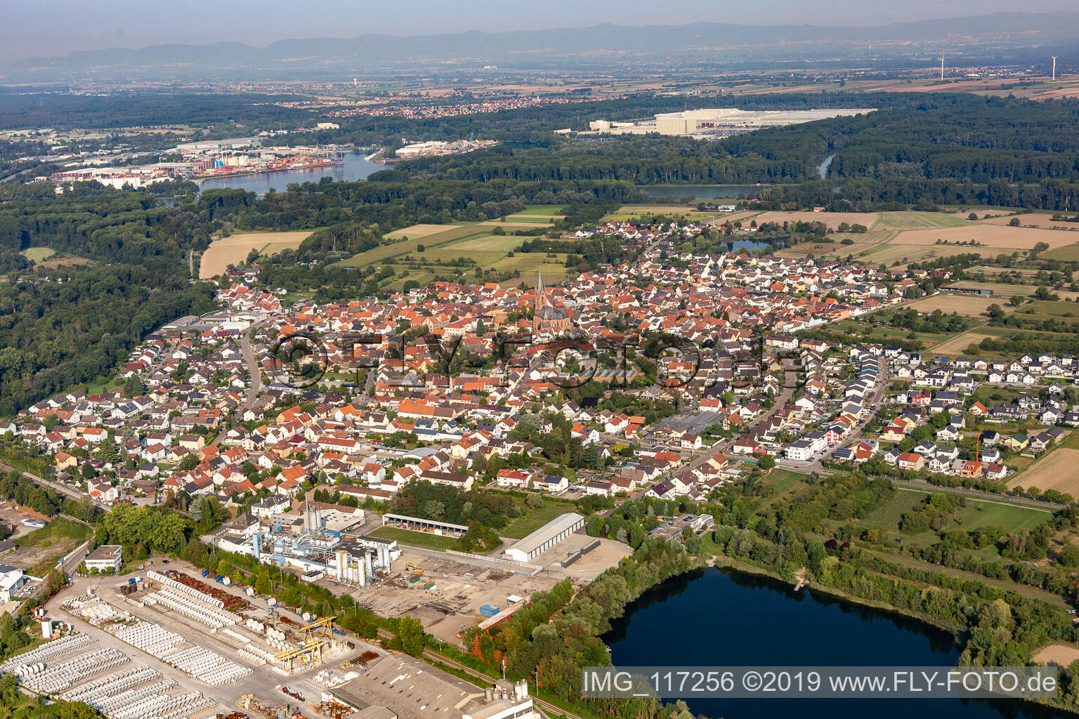 Aerial photograpy of Town View of the streets and houses of the residential areas in Rheinsheim in the state Baden-Wurttemberg, Germany