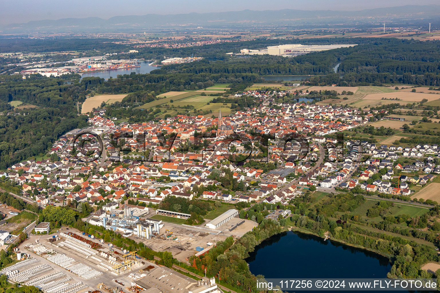 Aerial photograpy of Town View of the streets and houses of the residential areas in Rheinsheim in the state Baden-Wurttemberg, Germany