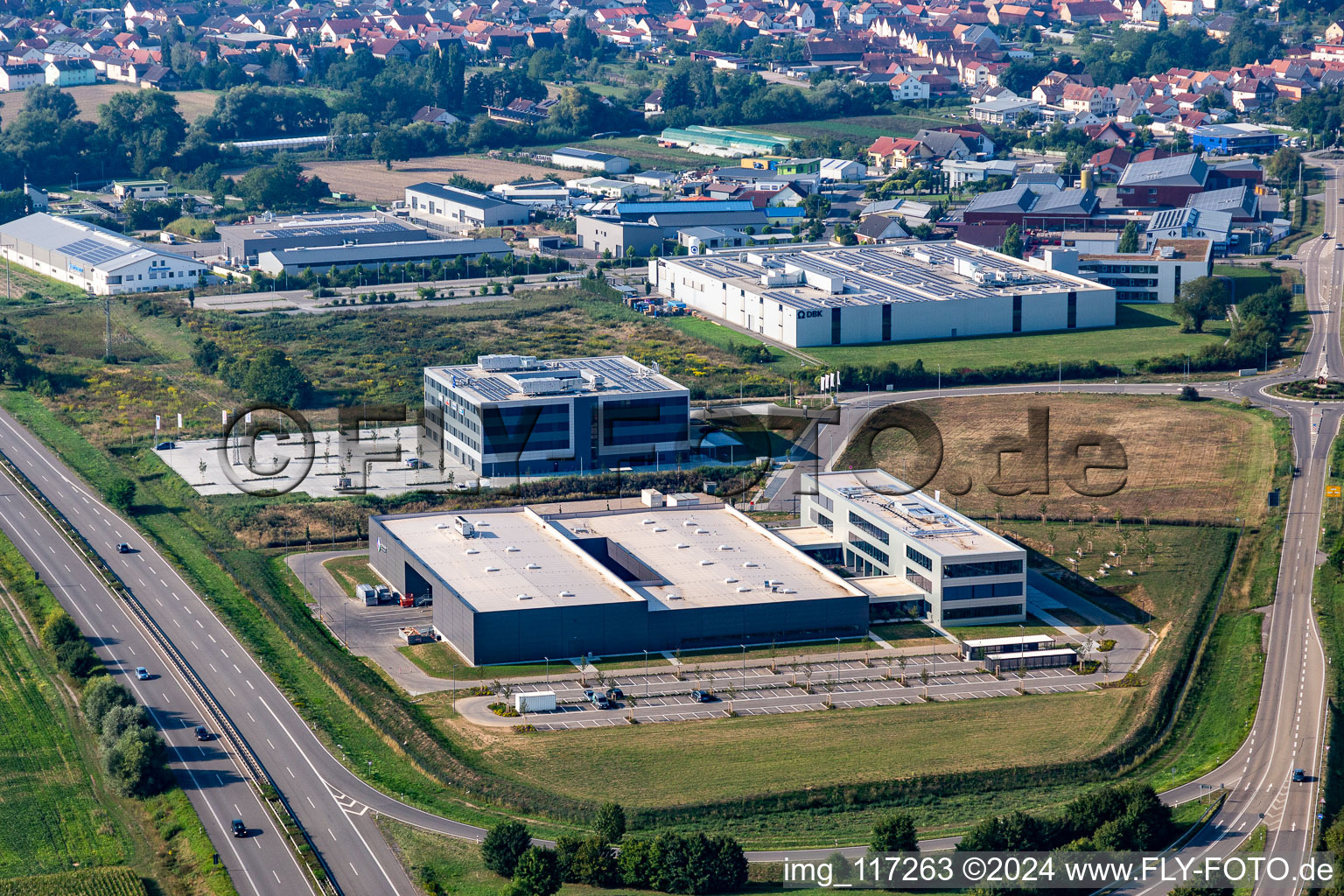 Aerial photograpy of New building - construction site on the factory premises of Eizo GmbH on Gewerbegebiet Nord in Ruelzheim in the state Rhineland-Palatinate, Germany