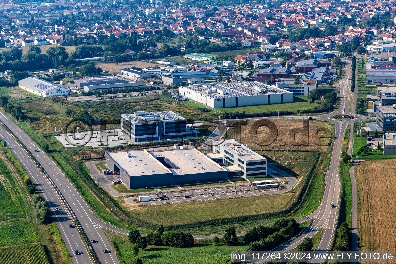 Industrial area north in Rülzheim in the state Rhineland-Palatinate, Germany from the plane