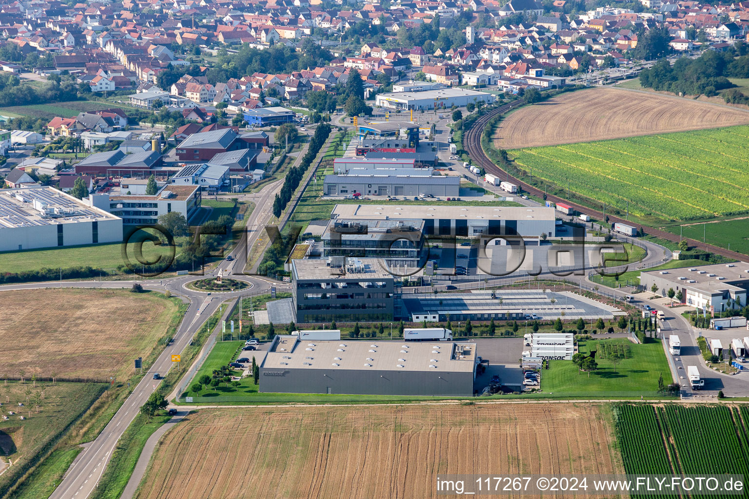 Drone recording of Industrial area north in Rülzheim in the state Rhineland-Palatinate, Germany