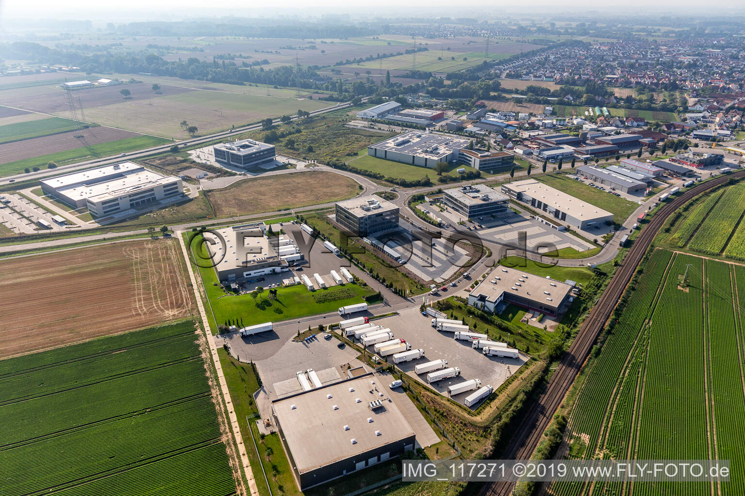 North industrial area in Rülzheim in the state Rhineland-Palatinate, Germany seen from a drone