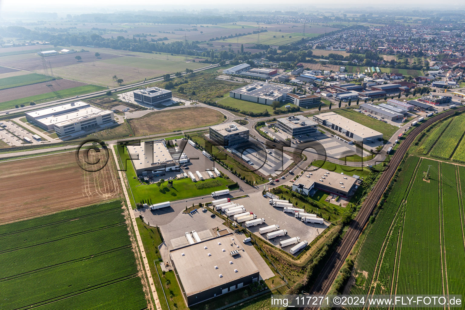 North industrial area in Rülzheim in the state Rhineland-Palatinate, Germany seen from a drone