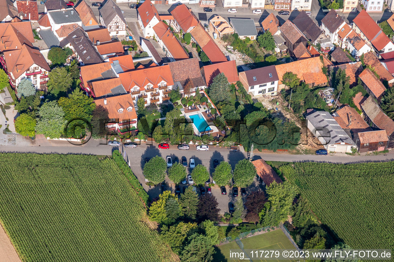 Aerial photograpy of Hotel Restaurant Krone in the district Hayna in Herxheim bei Landau in the state Rhineland-Palatinate, Germany