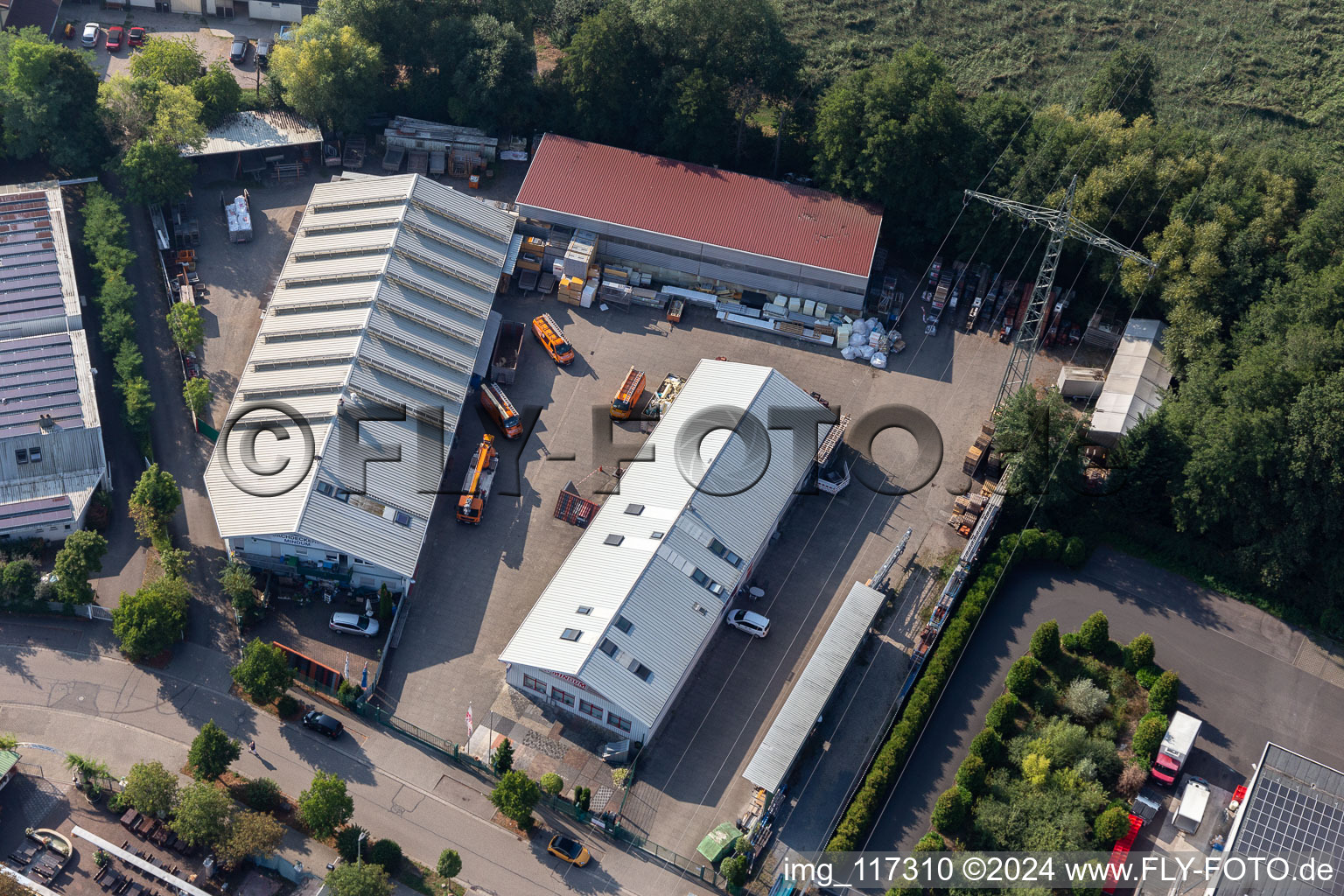 Aerial view of Roofing, scaffolding and construction plumbing Mindum, in the Horst industrial area in Kandel in the state Rhineland-Palatinate, Germany