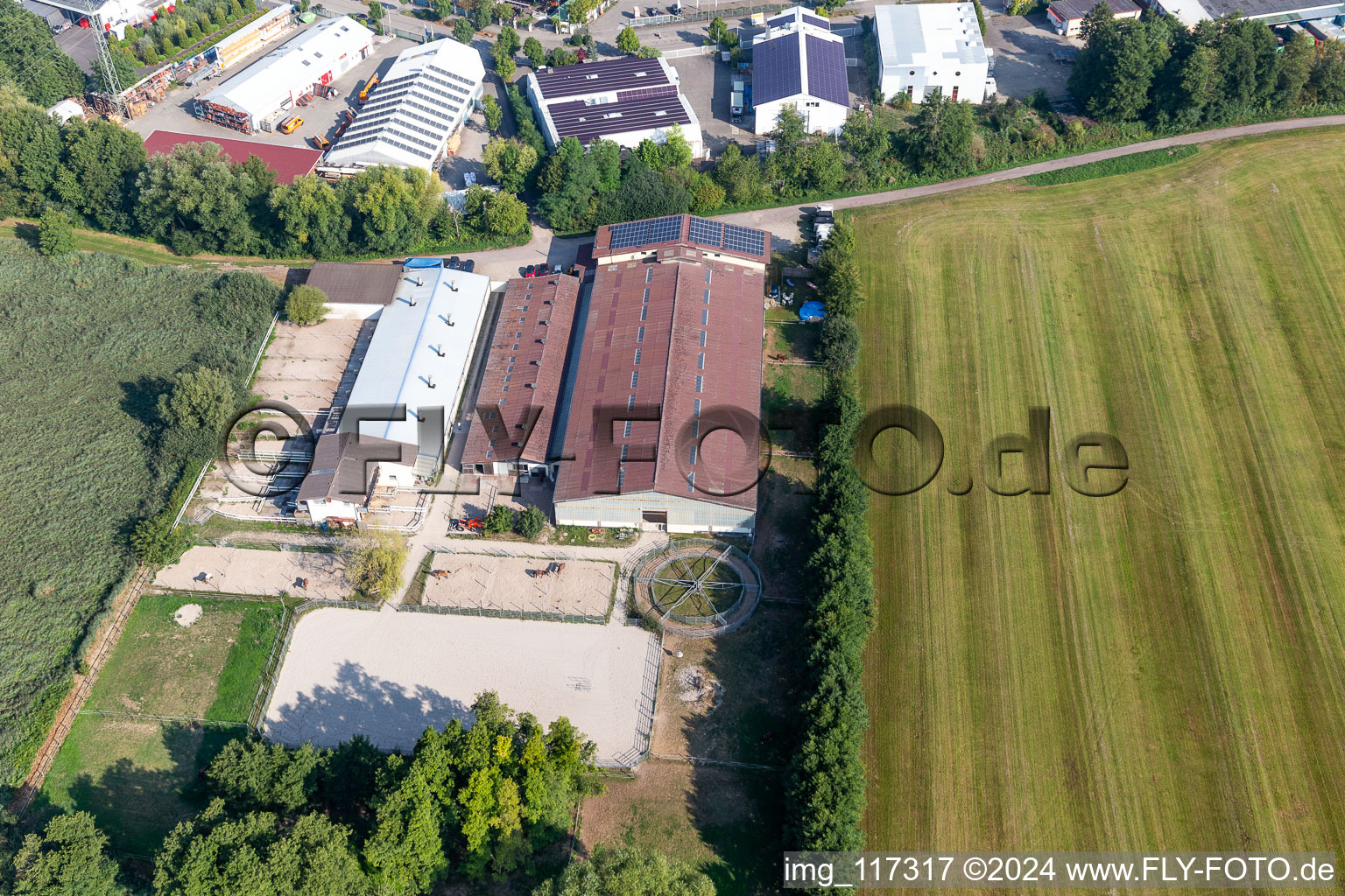 Aerial view of Kerth farm shop in the district Minderslachen in Kandel in the state Rhineland-Palatinate, Germany