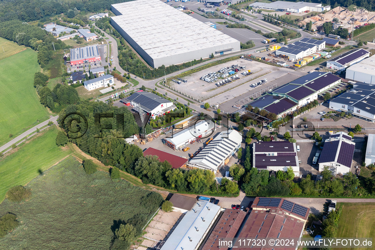 Aerial photograpy of Roofing, scaffolding and construction plumbing Mindum, in the Horst industrial area in the district Minderslachen in Kandel in the state Rhineland-Palatinate, Germany