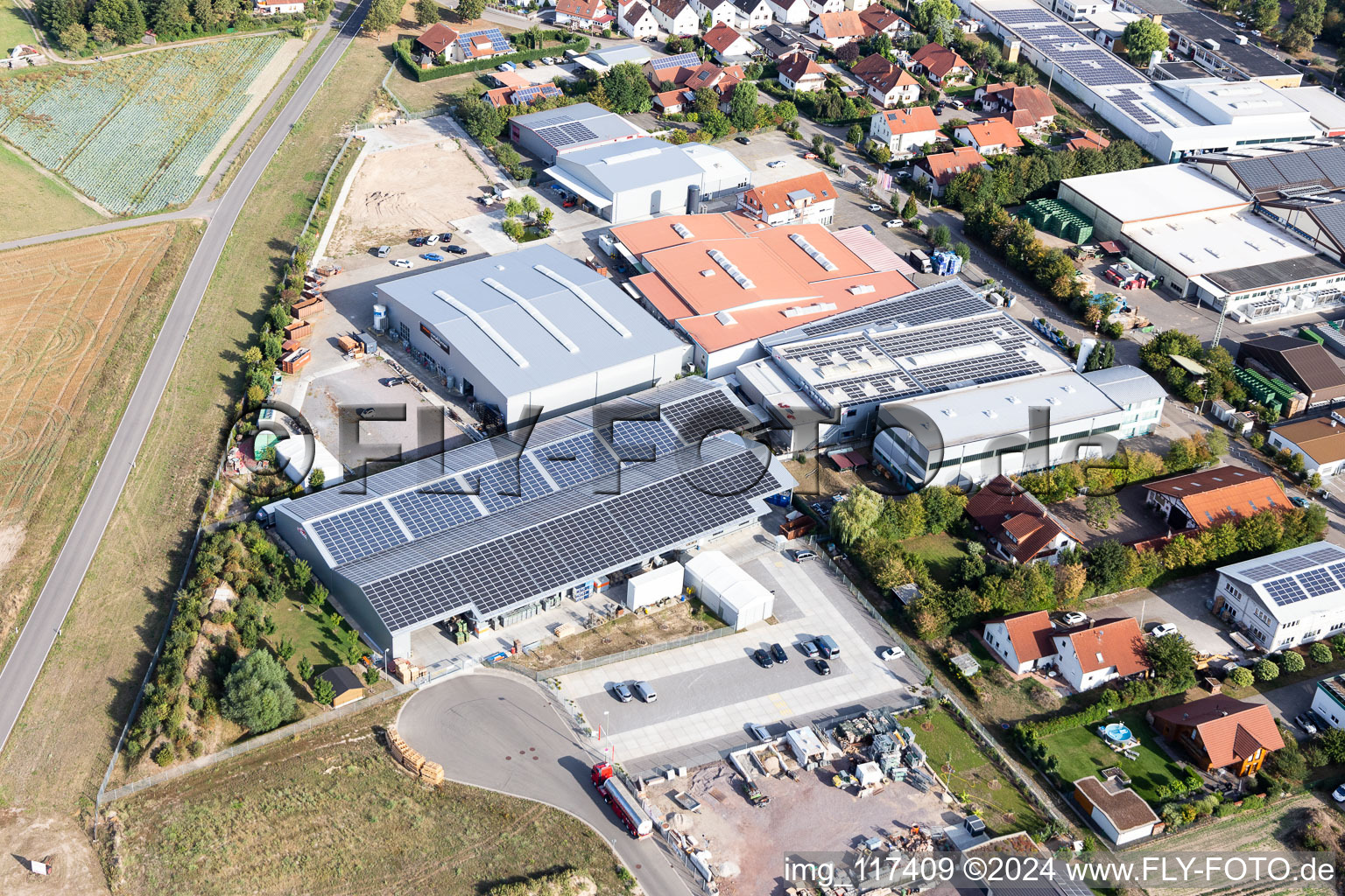 Im Gereut industrial estate, HGGS LaserCUT GmbH & Co. KG in Hatzenbühl in the state Rhineland-Palatinate, Germany from the drone perspective