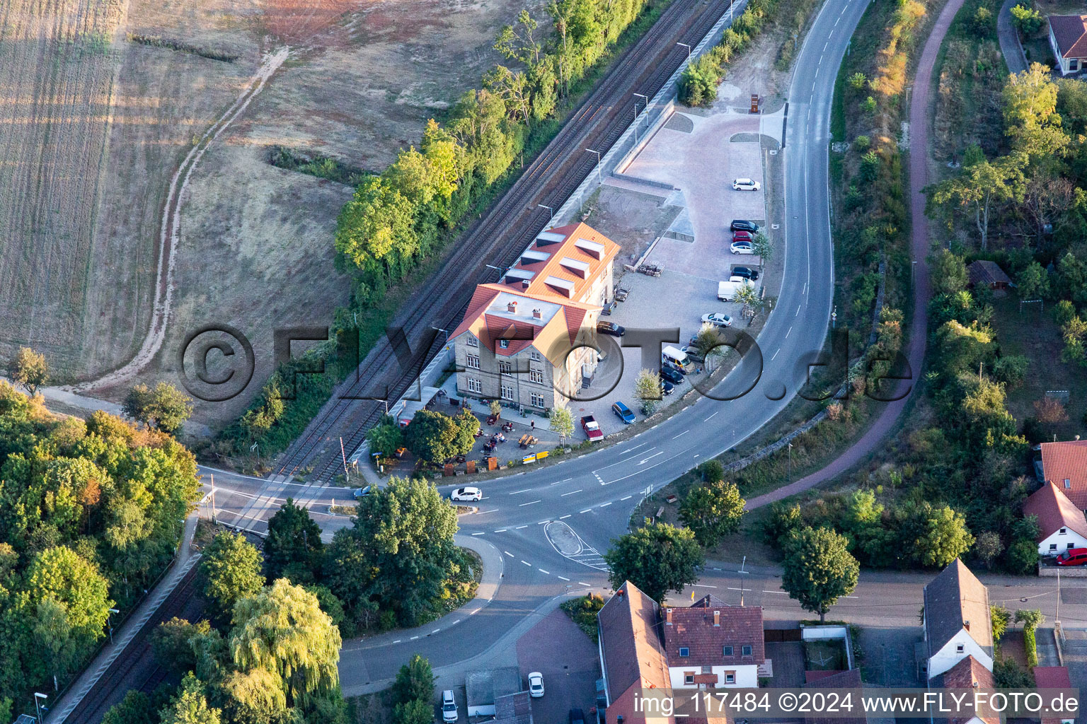 Aerial view of Hotel Restaurant Old Train Station 1864 in Rohrbach in the state Rhineland-Palatinate, Germany