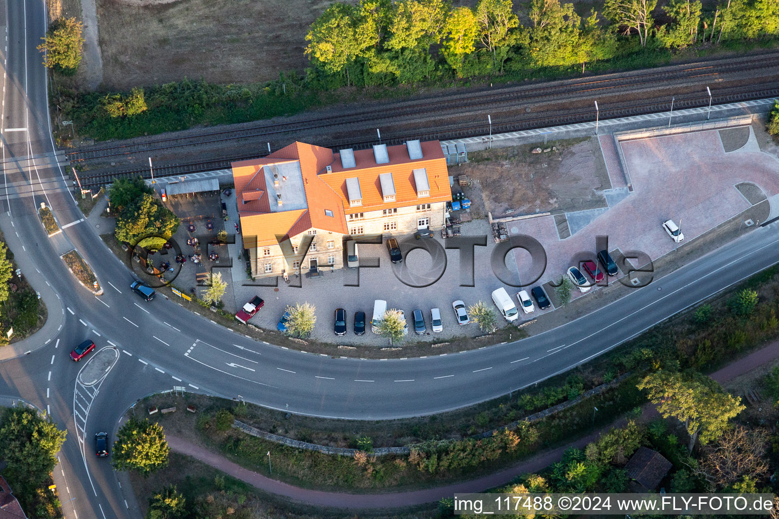 Aerial view of Complex of the hotel building of Hotel-Restaurant zum Bahnhof 1894 Rohrbach in Rohrbach in the state Rhineland-Palatinate, Germany