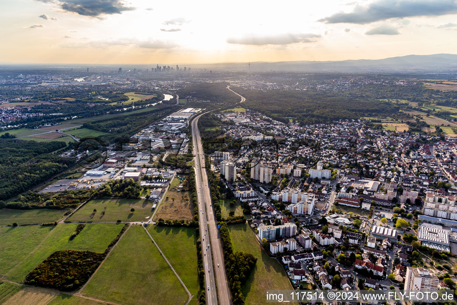 Aerial view of A66 to Frankfurt in Bischofsheim in the state Hesse, Germany