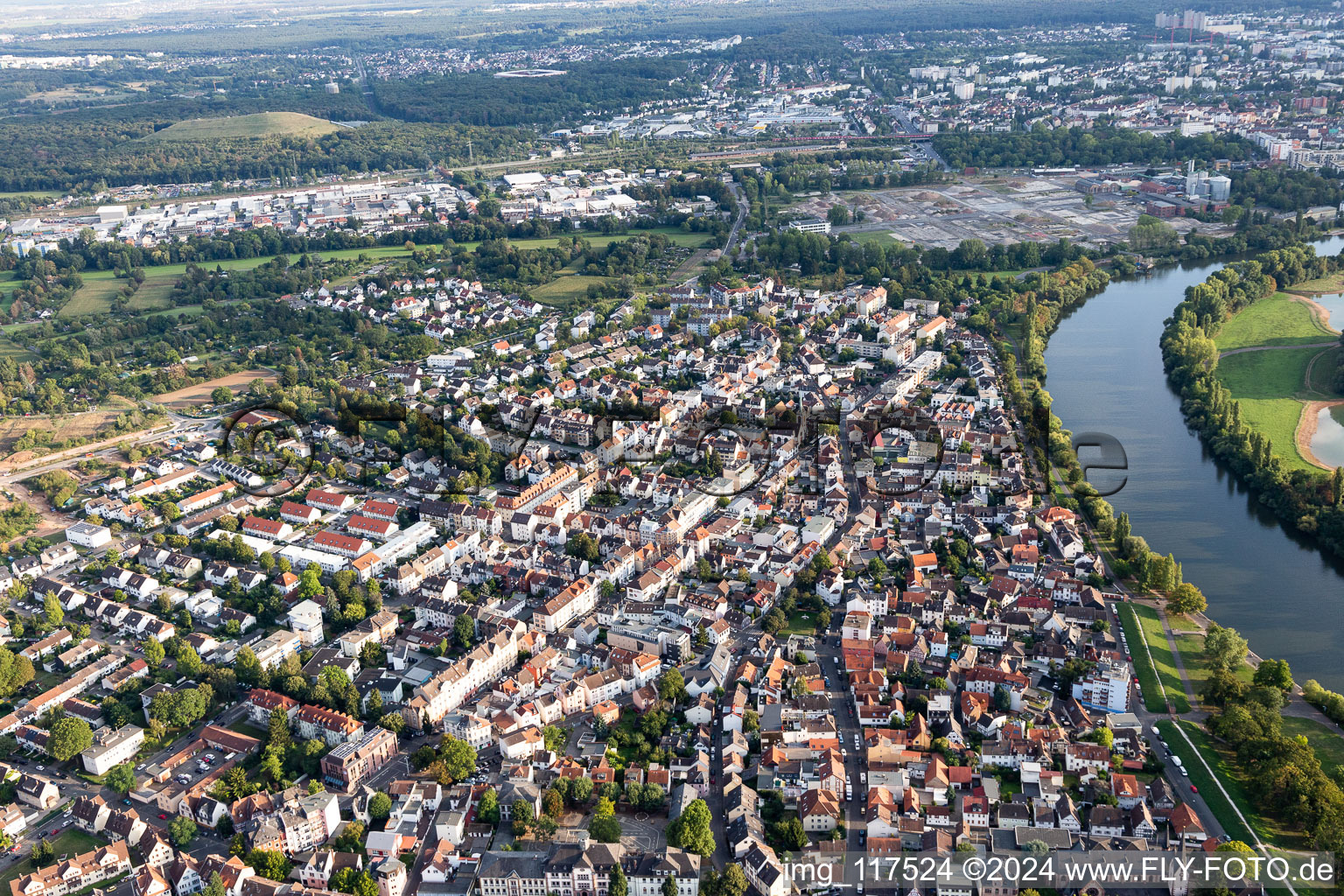 Aerial view of Town on the banks of the river of the Main river in the district Buergel in Offenbach am Main in the state Hesse, Germany