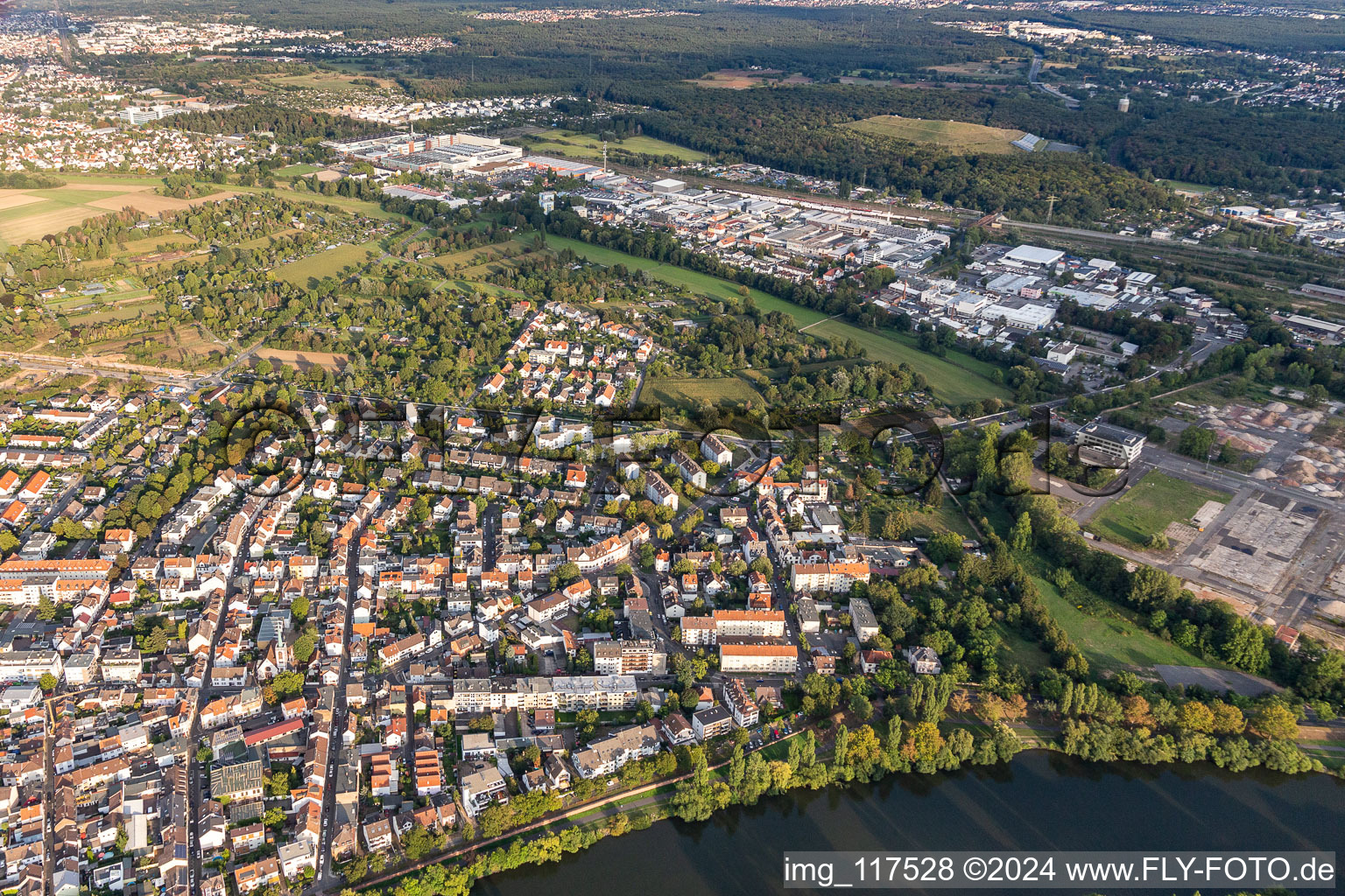 Aerial photograpy of Town on the banks of the river of the Main river in the district Buergel in Offenbach am Main in the state Hesse, Germany