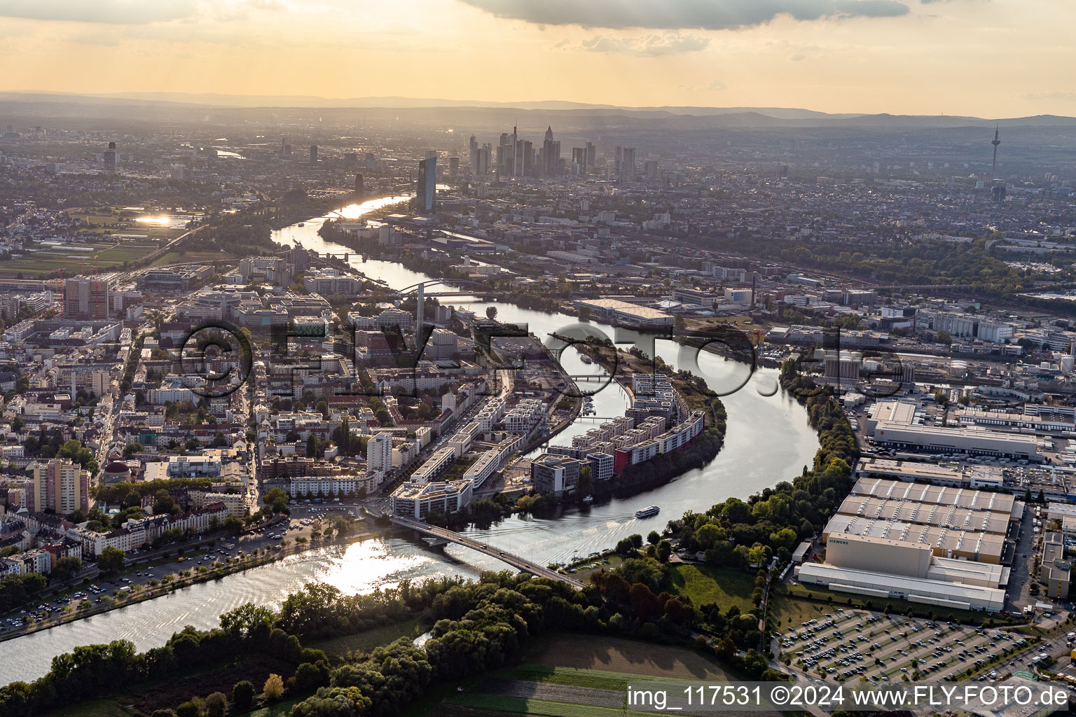 Harbour-Islandin the river course of the Main in front of the Skyline of Frankfort in Offenbach am Main in the state Hesse, Germany