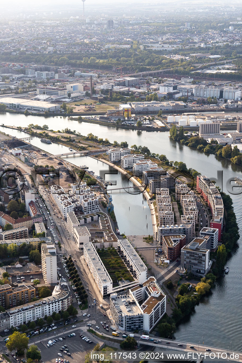 Aerial photograpy of Harbour Island in the district Hafen in Offenbach am Main in the state Hesse, Germany