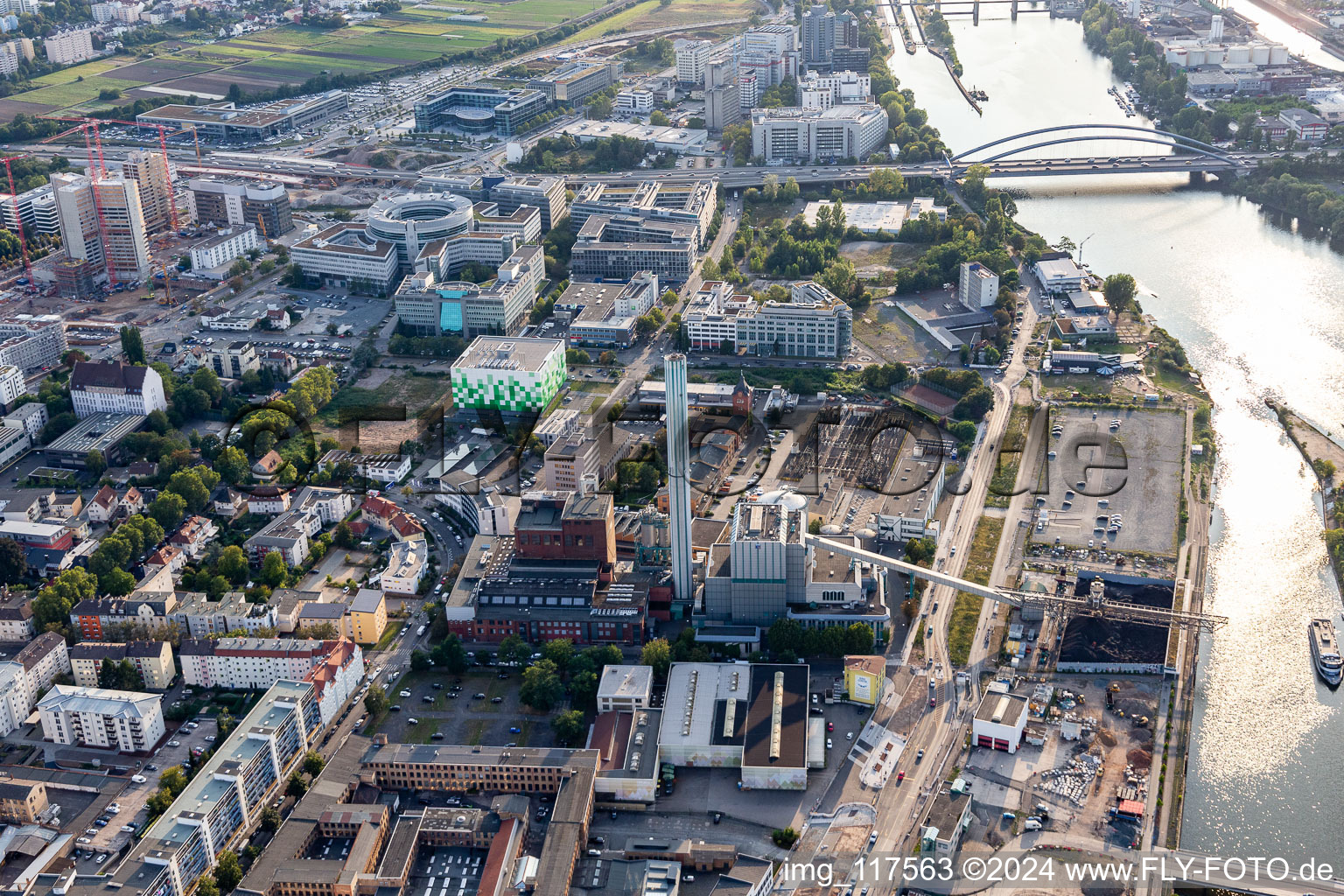 Aerial view of Power plants and exhaust towers of thermal power station Alte Schlosserei (Eventlocation on Betriebsgelaende of EVO AG) in Offenbach am Main in the state Hesse, Germany