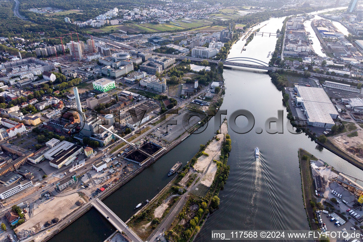 Oblique view of Power plants and exhaust towers of thermal power station Alte Schlosserei (Eventlocation on Betriebsgelaende of EVO AG) in Offenbach am Main in the state Hesse, Germany