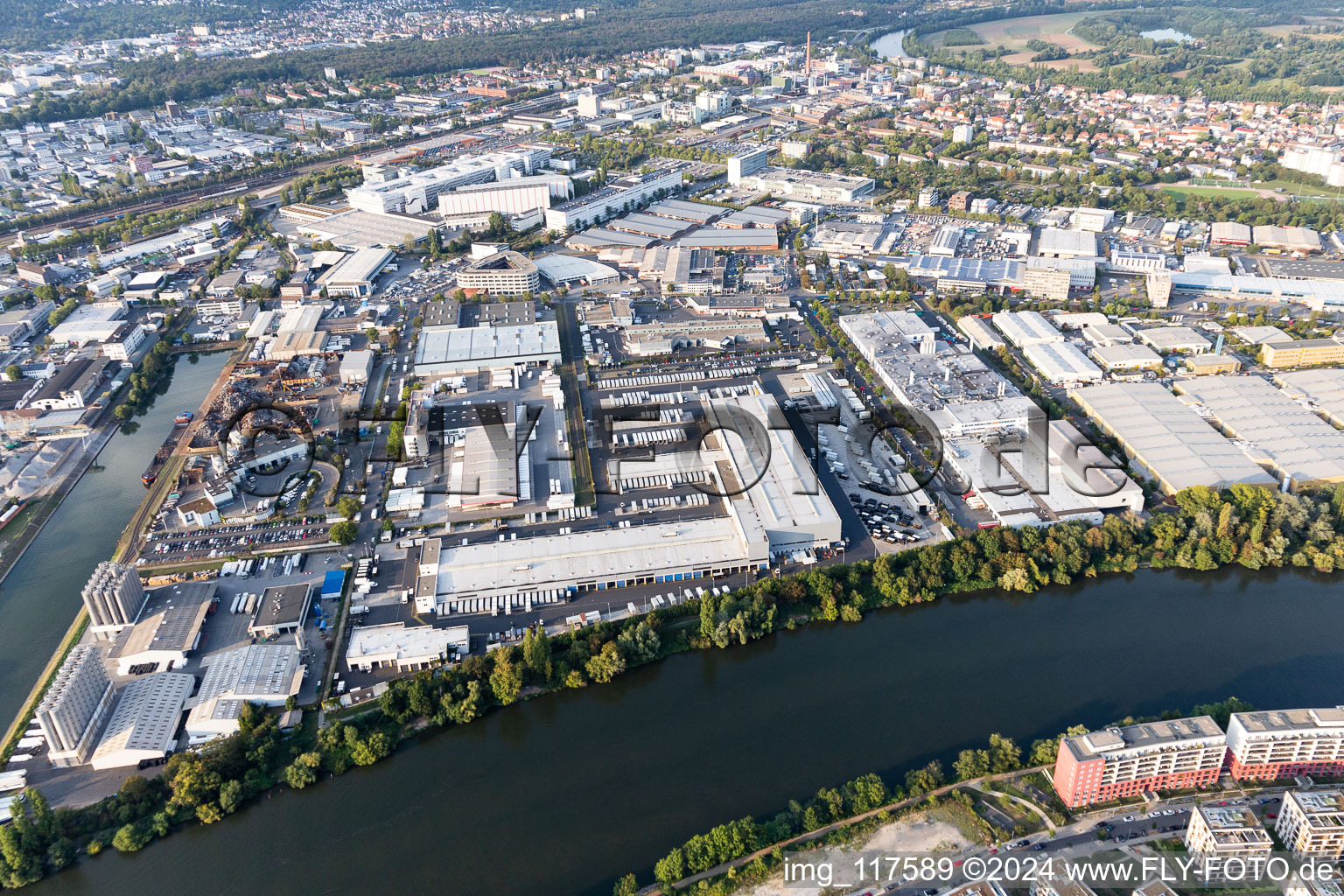 Building complex and grounds of the logistics center DB Schenker, UPS Center Frankfurt and Karl Schmidt in the district Fechenheim in Frankfurt in the state Hesse, Germany