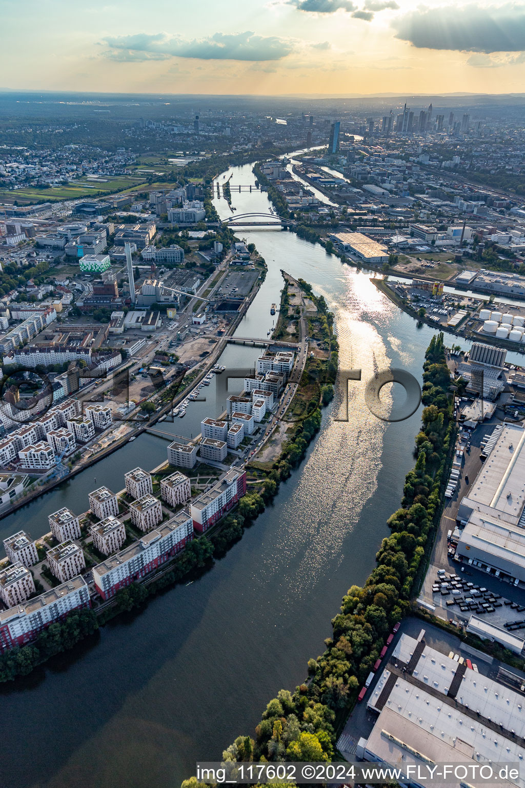 Drone recording of Harbour Island in the district Hafen in Offenbach am Main in the state Hesse, Germany