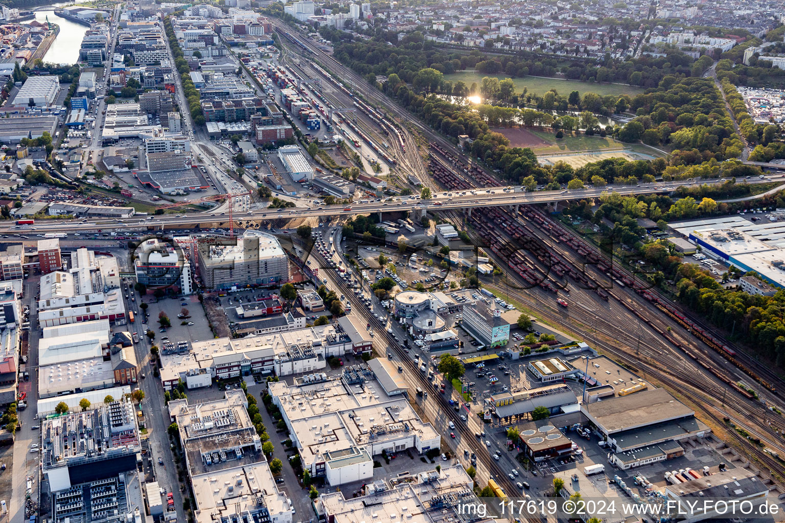 Marshalling yard and freight station of the Deutsche Bahn in Frankfurt-Ostend in the state Hesse, Germany