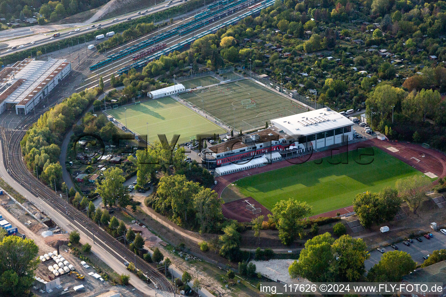 Football stadium Riederwaldstadion of the football club Eintracht-Frankfurt in the district Seckbach in Frankfurt in the state Hesse, Germany