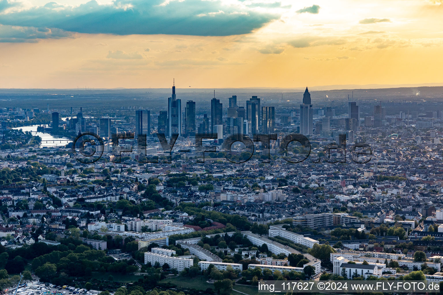 Skyline from the east in the district Nordend-West in Frankfurt am Main in the state Hesse, Germany