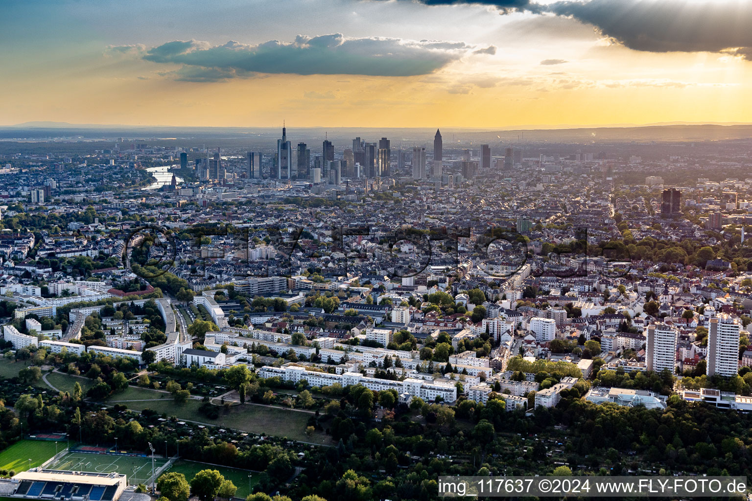 City area with outside districts and inner city area in front of the skyline of Frankfurt in the district Nordend-Ost in Frankfurt in the state Hesse, Germany