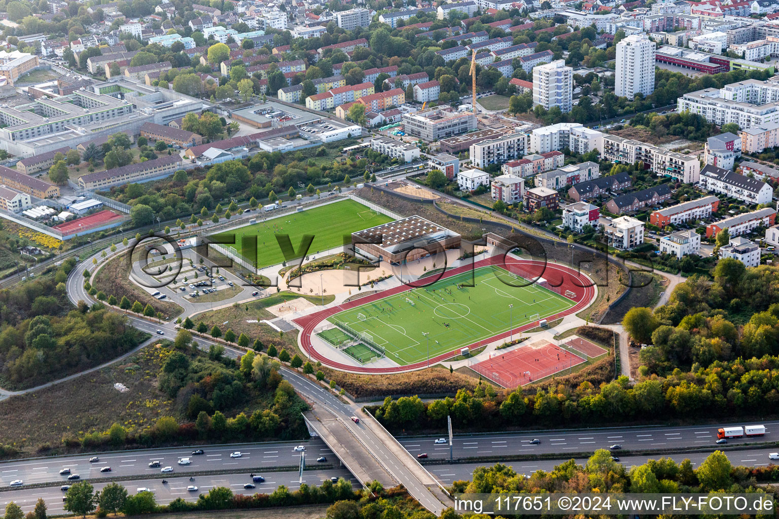 Ensemble of sports grounds of Bezirkssportanlage Frankfurter Bogen and vom Sportpark Preungesheim in the district Preungesheim in Frankfurt in the state Hesse, Germany